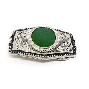 Belt Buckle Green Stone Silver Tone Setting Unisex Scroll Design USA Vintage